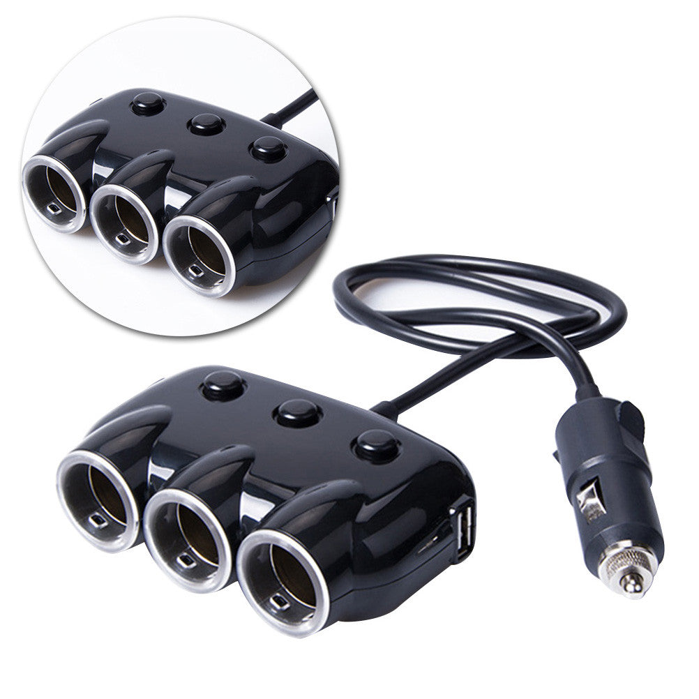 Smart Car Charger Multifunctional Dual USB Car Chargers with Three Cigarette Lighter Sockets (Black)